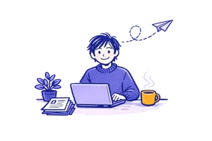 Hand-drawn illustration of a job seeker at a cozy desk with a laptop, coffee, and a stack of resumes