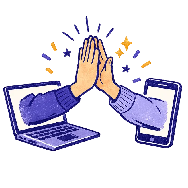 Hand-drawn illustration of two hands high-fiving from a laptop and a phone screen